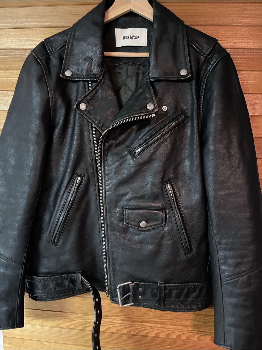 Buck Mason Black Leather Biker Jacket with Belt - Picture 3 of 8
